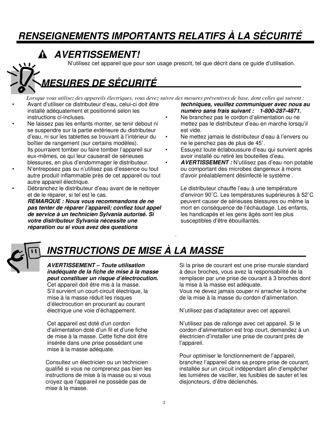 Sylvania SE80092 instruction manual Mesures DE Sécurité, Instructions DE Mise À LA Masse 