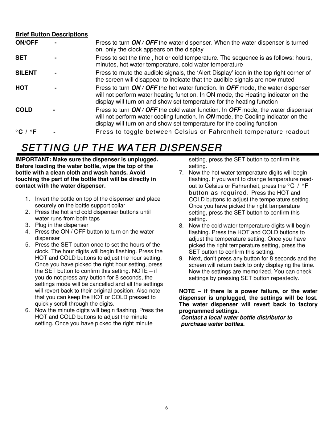 Sylvania SE80092 instruction manual Setting UP the Water Dispenser 