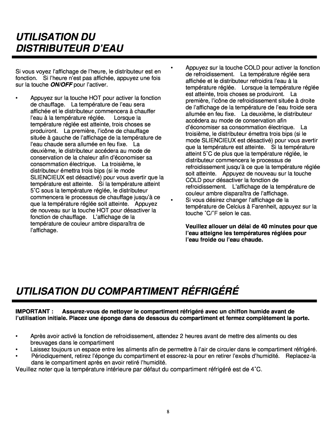 Sylvania SE80092 instruction manual Utilisation Du Distributeur D’Eau, Utilisation Du Compartiment Réfrigéré 