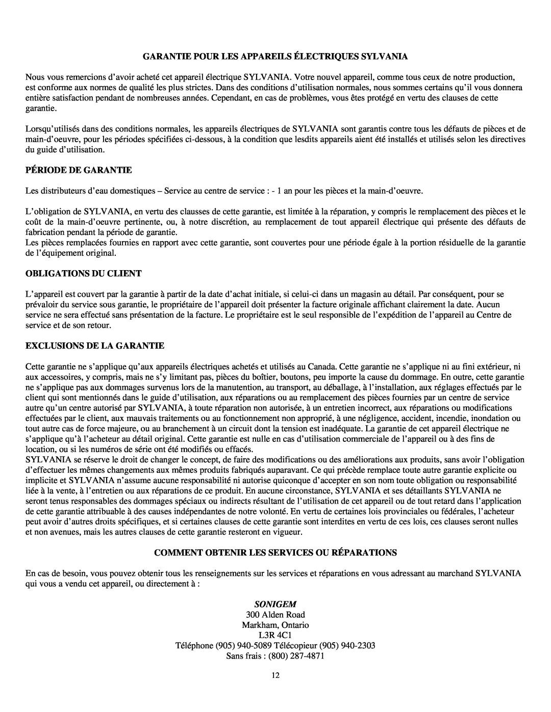 Sylvania SE80092 Garantie Pour Les Appareils Électriques Sylvania, Période De Garantie, Obligations Du Client, Sonigem 