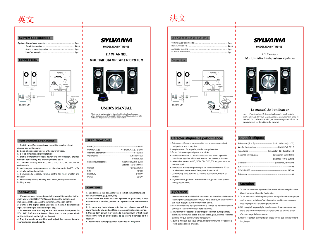 Sylvania SHTIB8108 manual Canaux Multimédia haut-parleur systerm, Le manuel de lutilisateur, Opération, Caractéristiques 