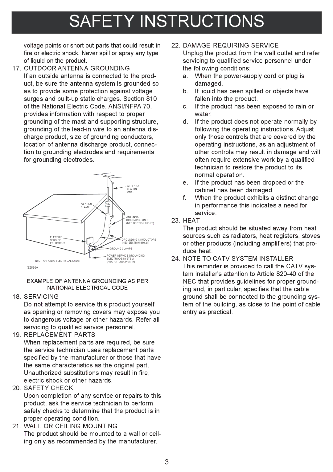 Sylvania SIP1005B Outdoor Antenna Grounding, Servicing, Replacement Parts, Safety Check, Wall or Ceiling Mounting 