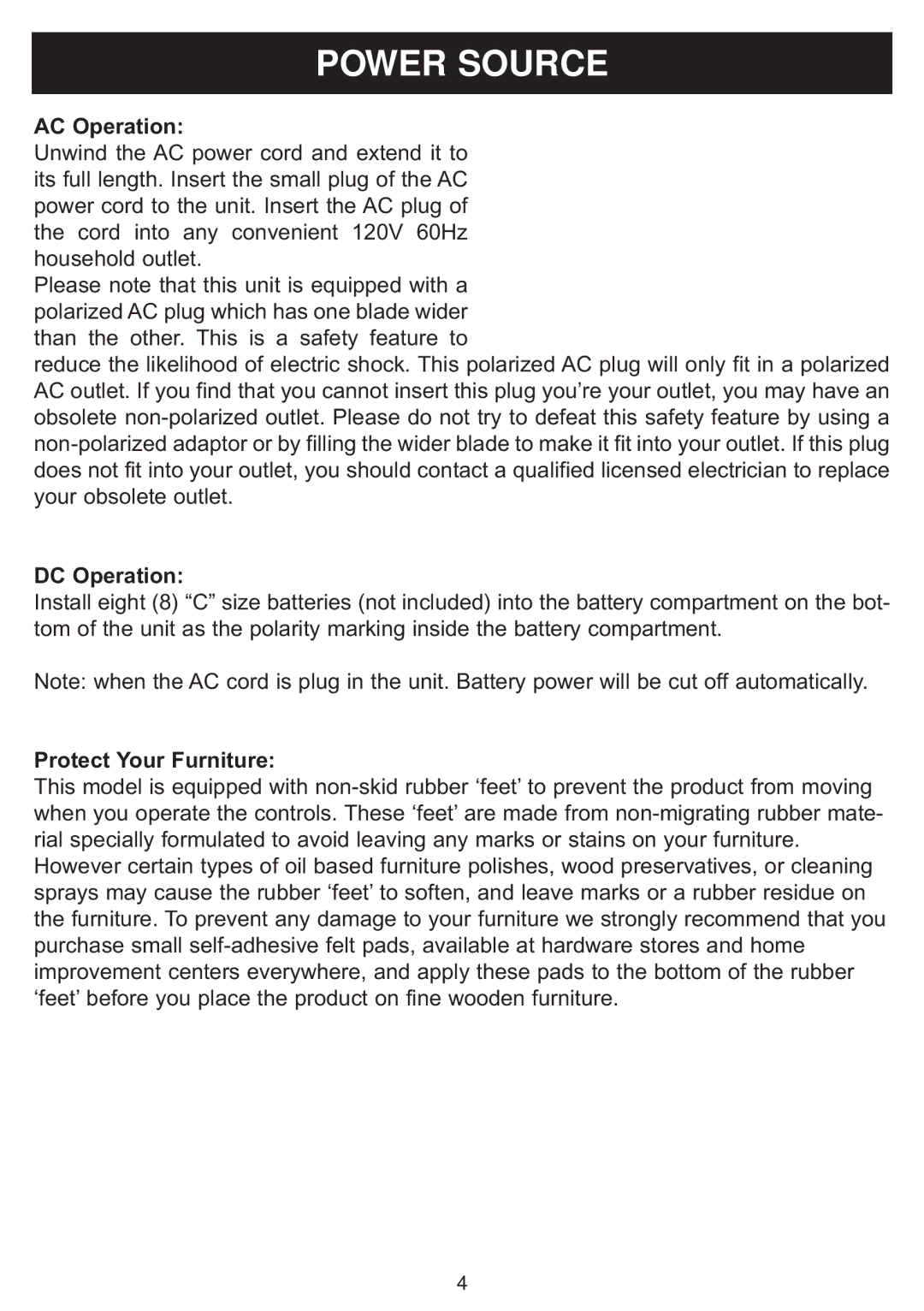 Sylvania SIP1005B owner manual Power Source 