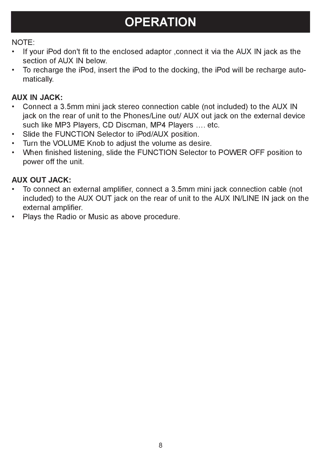 Sylvania SIP1005B owner manual Operation, AUX in Jack 