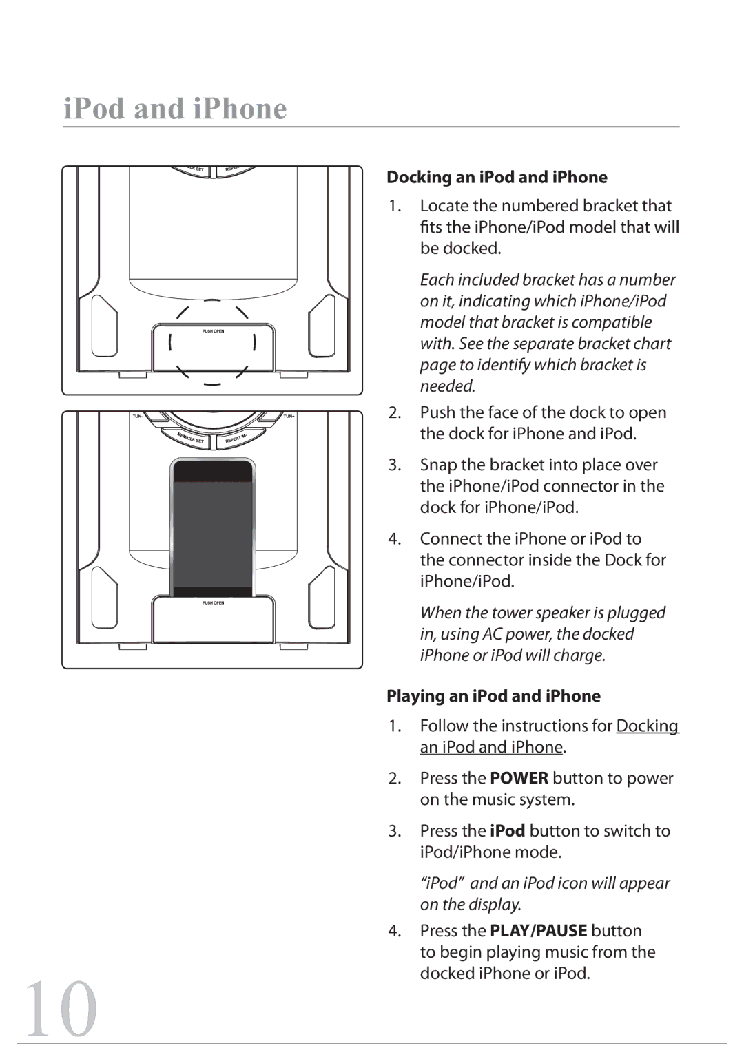 Sylvania SIP1527 instruction manual IPod and iPhone, Docking an iPod and iPhone, Playing an iPod and iPhone 