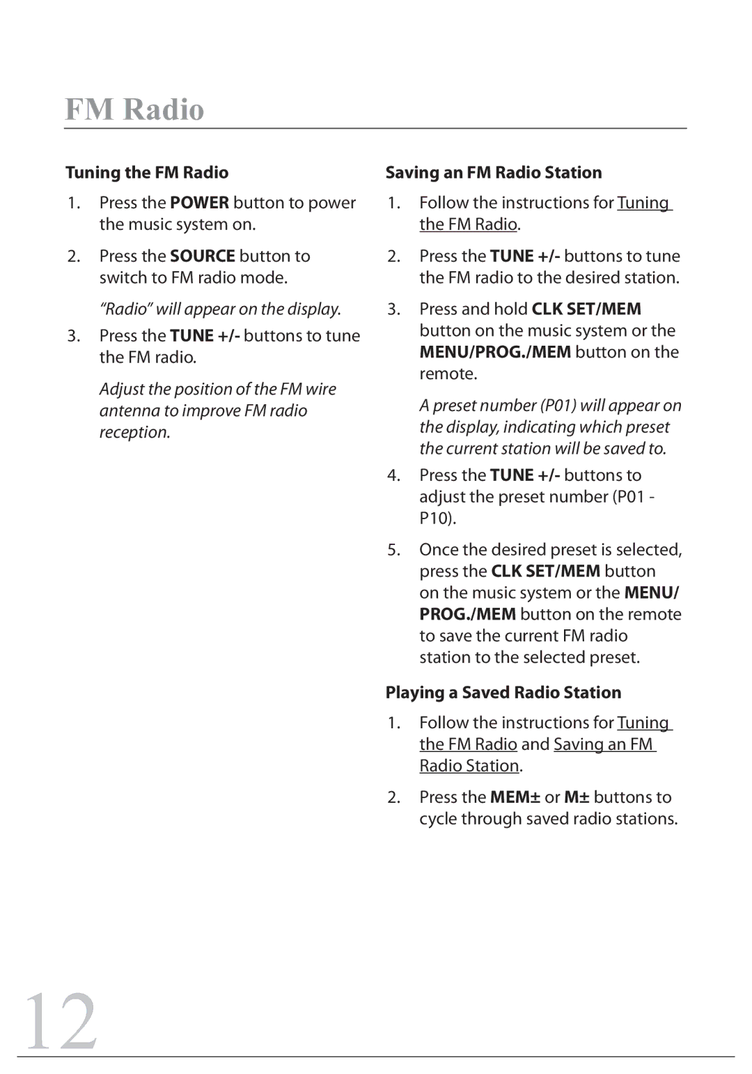 Sylvania SIP1527 instruction manual Tuning the FM Radio, Saving an FM Radio Station, Playing a Saved Radio Station 