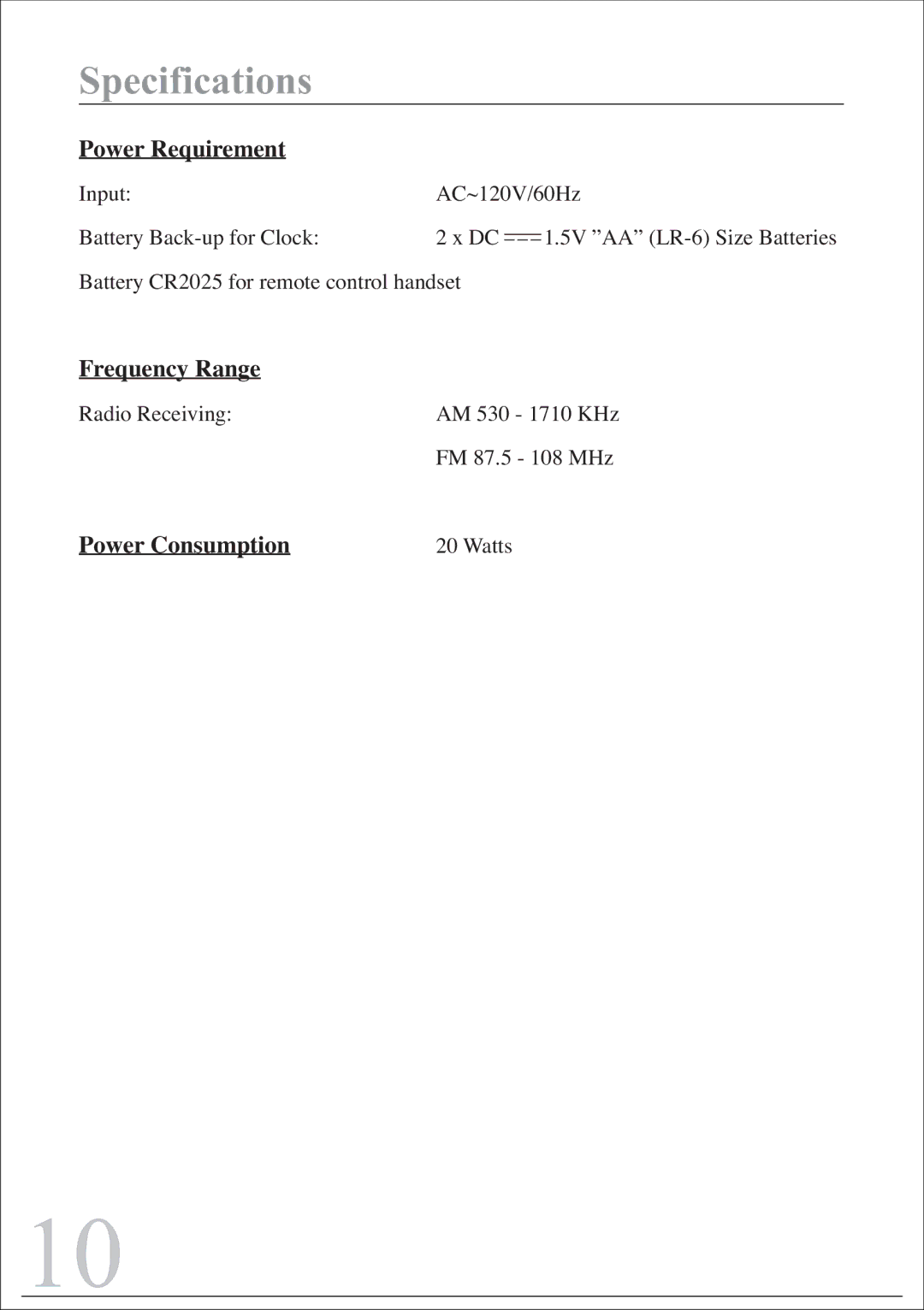 Sylvania SIP220 instruction manual Power Requirement, Frequency Range, Power Consumption 