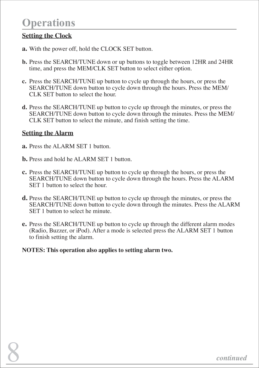 Sylvania SIP220 instruction manual Setting the Clock, Setting the Alarm 