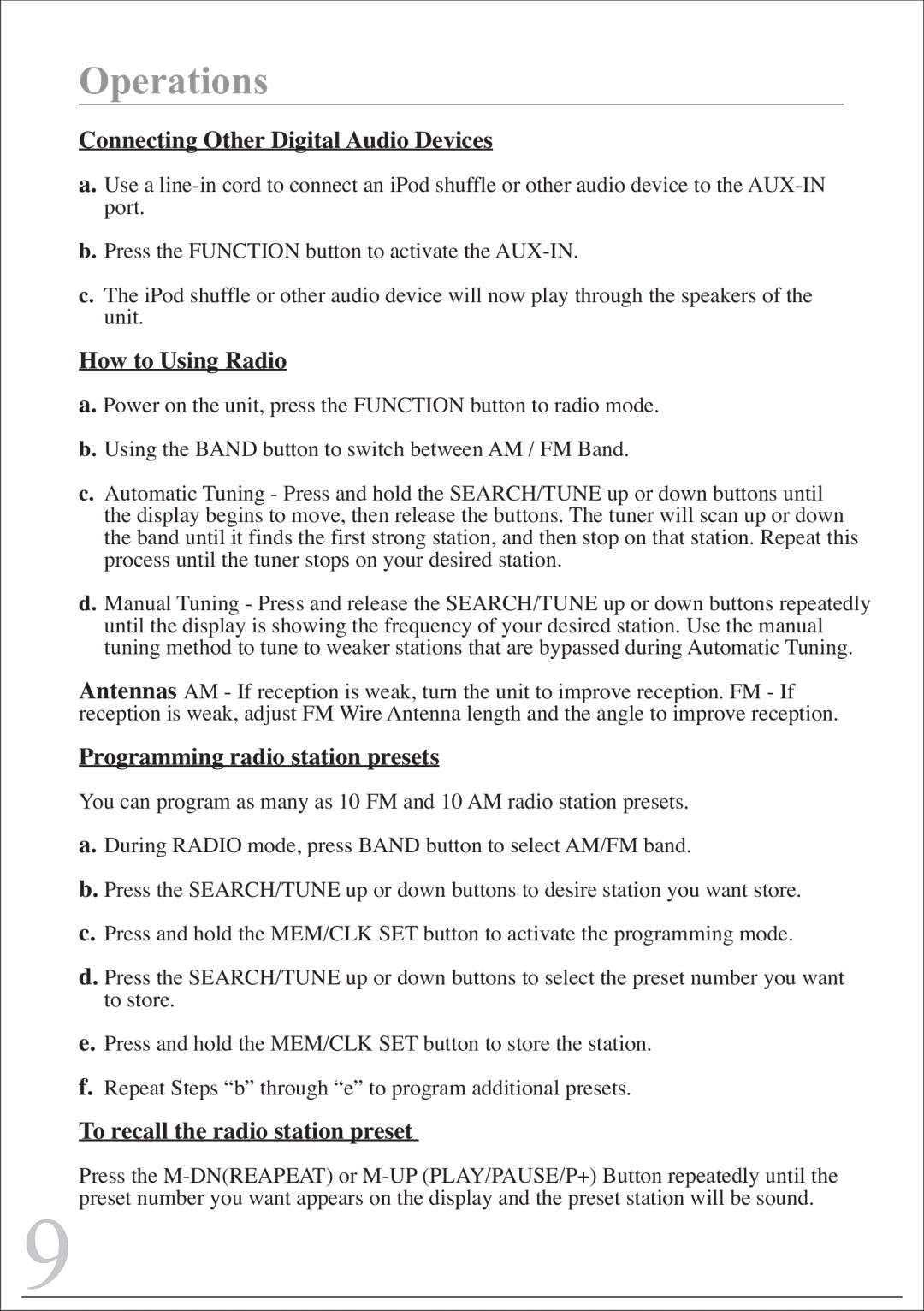 Sylvania SIP220 Connecting Other Digital Audio Devices, How to Using Radio, Programming radio station presets 