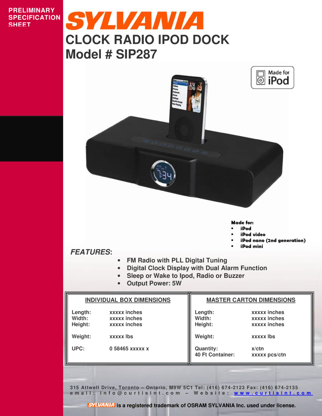 Sylvania specifications Clock Radio Ipod Dock, Model # SIP287, Features, Upc 