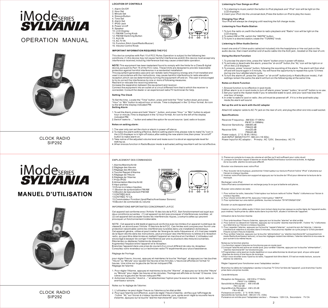 Sylvania SIP292 operation manual Listening to Your Songs on iPod, Charging Your iPod, Listening to Your Radio Station 