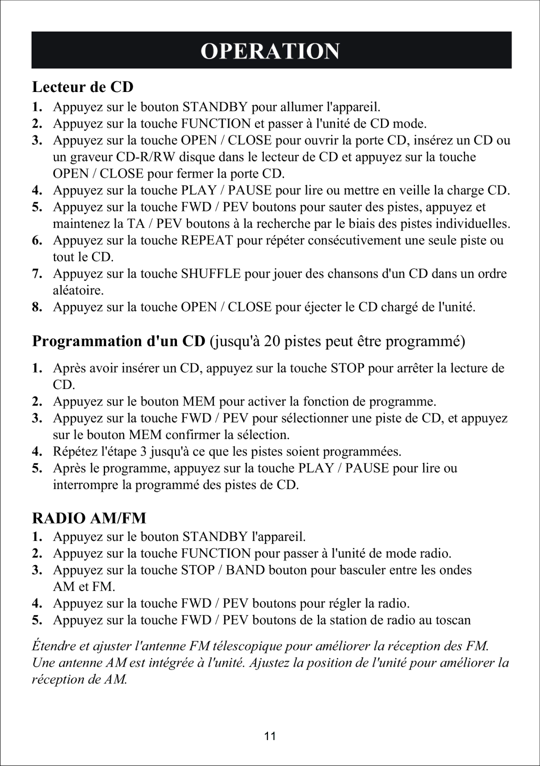 Sylvania SIP3019 manual Lecteur de CD, Programmation dun CD jusquà 20 pistes peut être programmé 