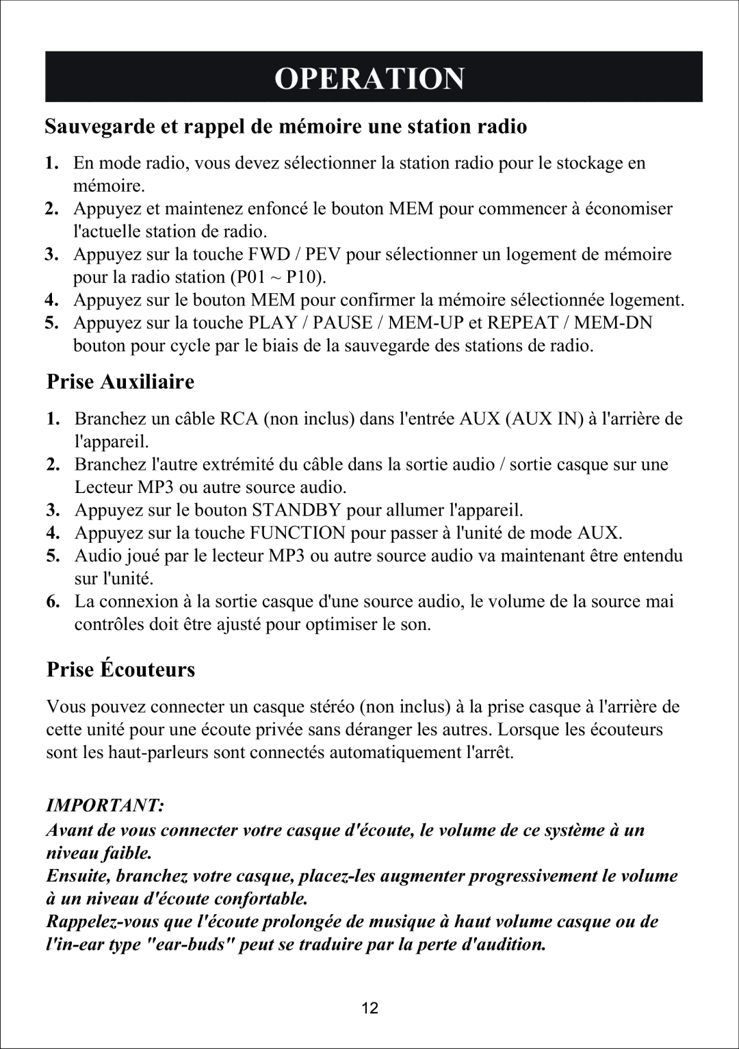 Sylvania SIP3019 manual Sauvegarde et rappel de mémoire une station radio, Prise Auxiliaire, Prise Écouteurs 