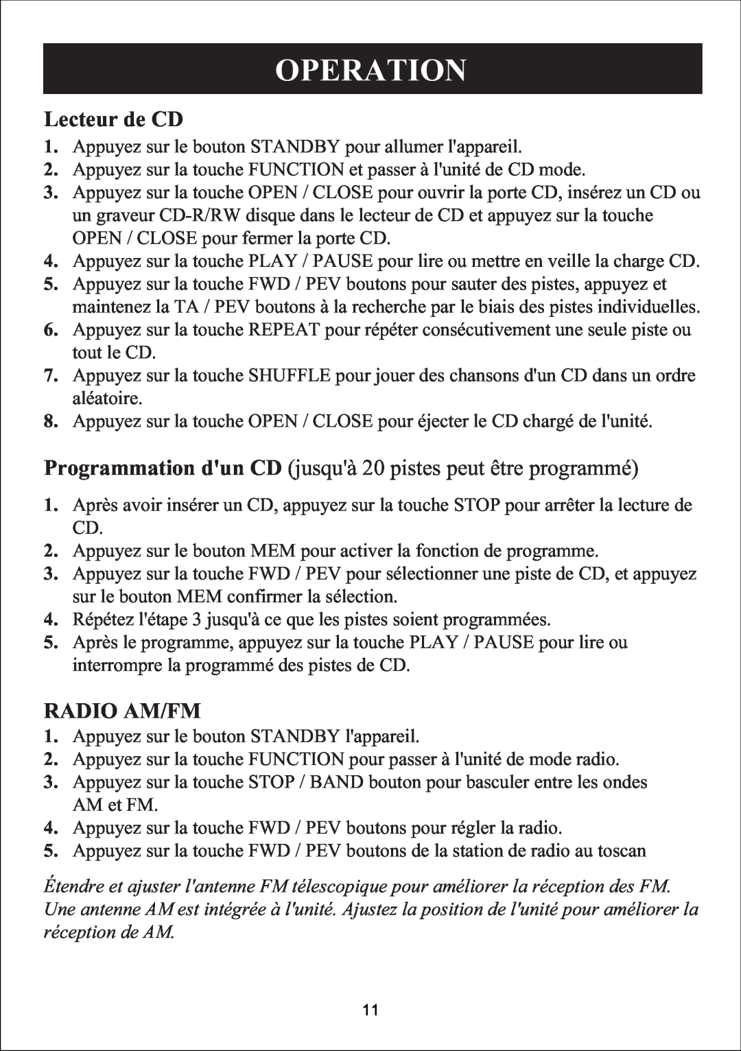 Sylvania SIP3019 manual Lecteur de CD, Radio Am/Fm, Operation, Programmation dun CD jusquà 20 pistes peut être programmé 