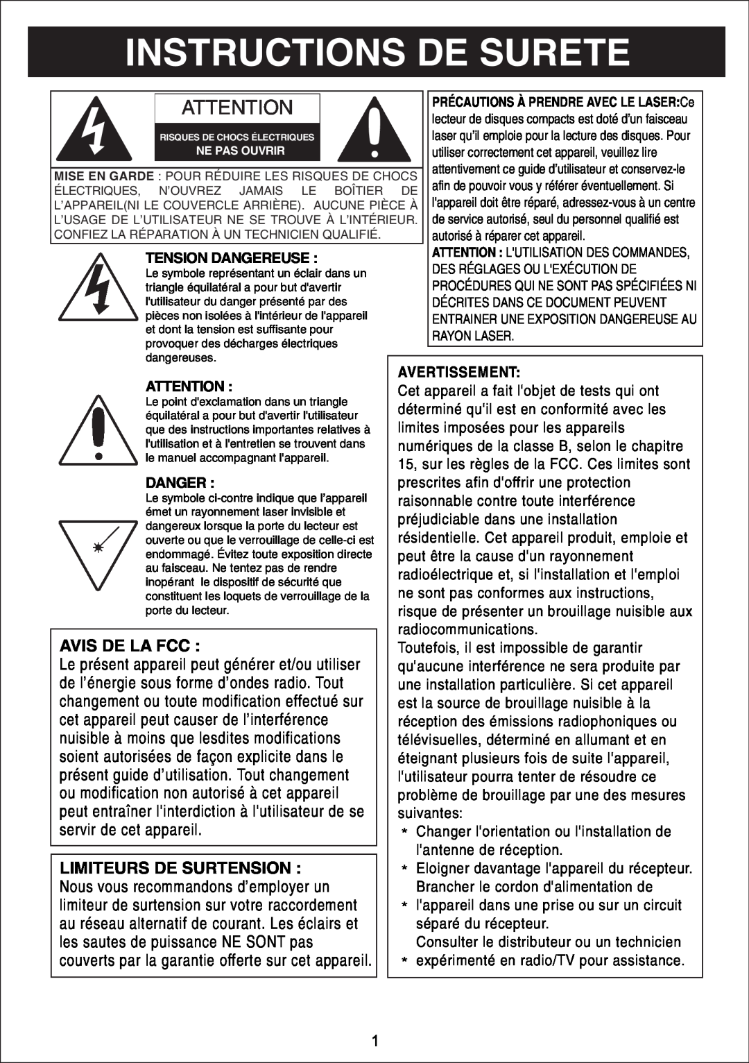 Sylvania SIP3019 Instructions De Surete, Avis De La Fcc, cet appareil peut causer de l’interférence, Tension Dangereuse 