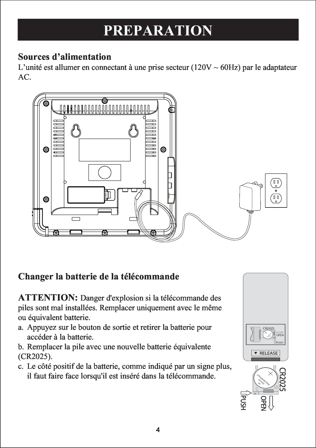 Sylvania SIP3019 manual Sources d’alimentation, Changer la batterie de la télécommande, Preparation 