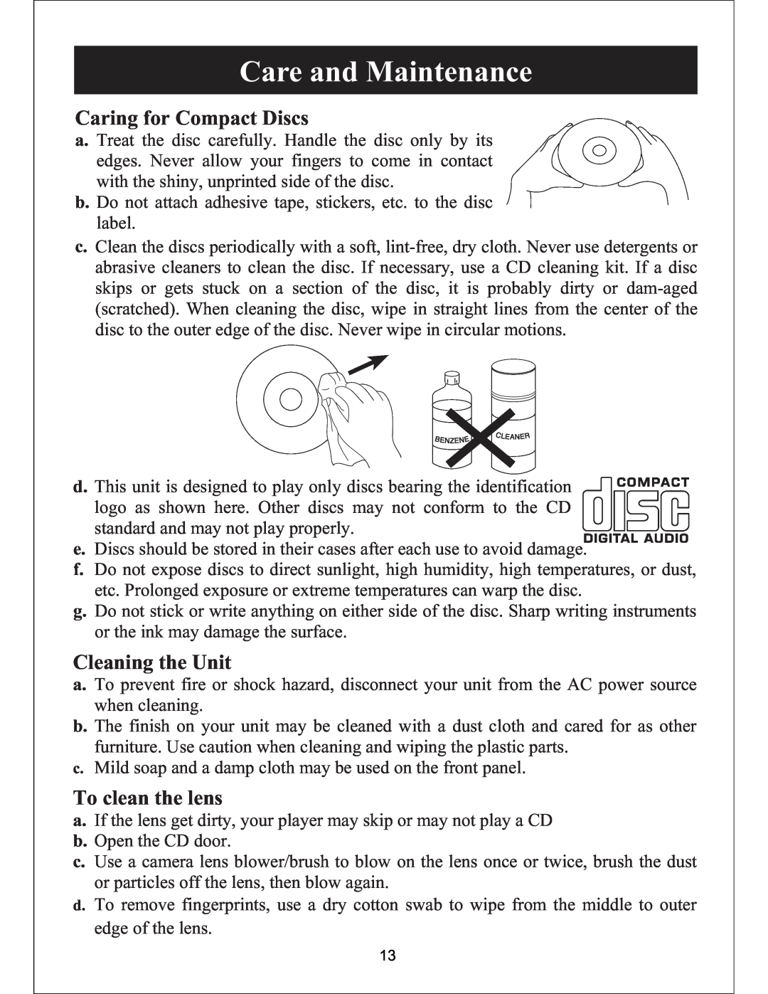 Sylvania SIP3019 instruction manual Care and Maintenance, Caring for Compact Discs, Cleaning the Unit, To clean the lens 