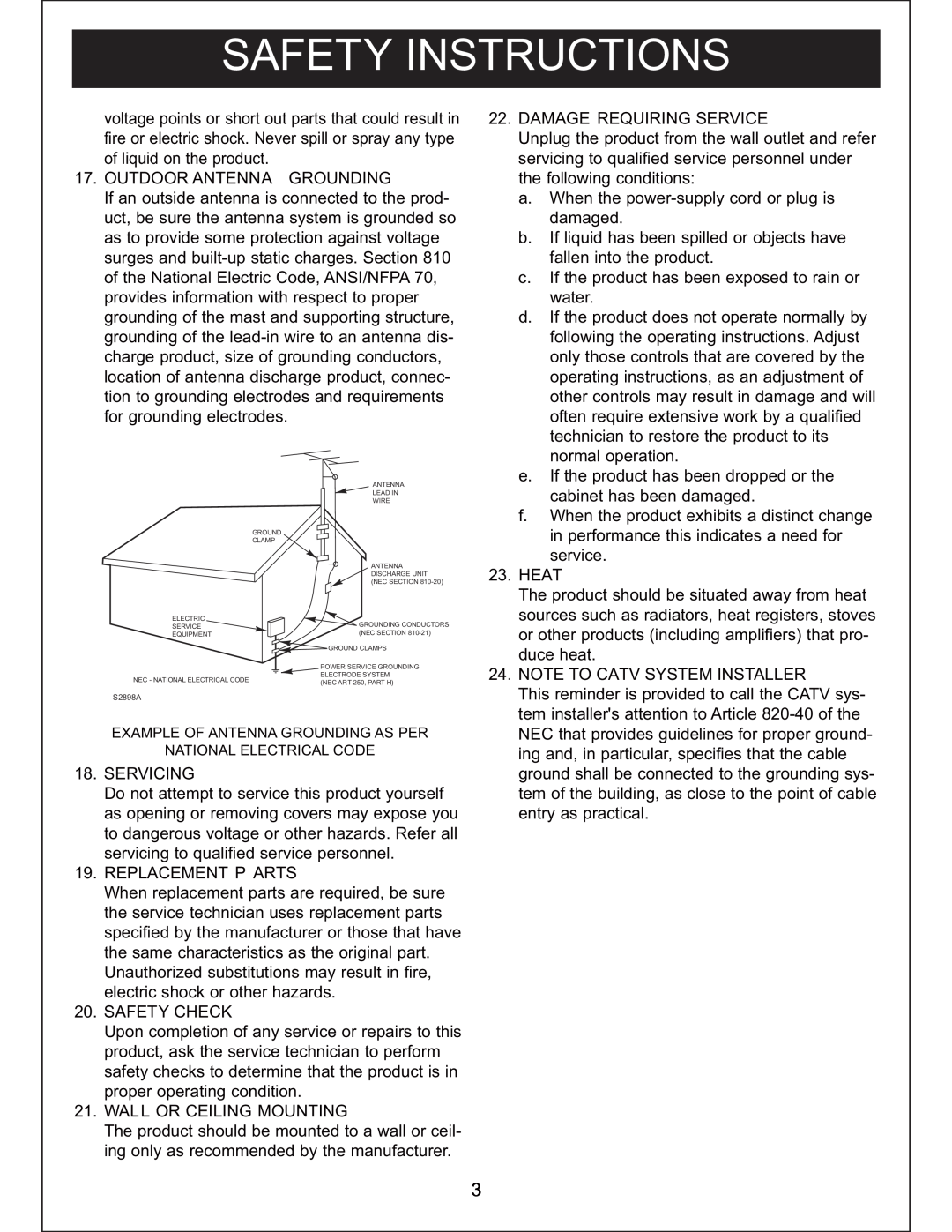 Sylvania SIP3019 instruction manual Safety Instructions, Outdoor Antenna Grounding 