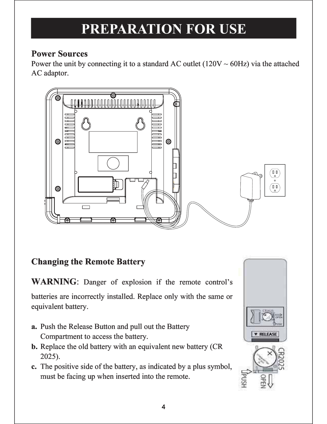 Sylvania SIP3019 instruction manual Power Sources, Changing the Remote Battery, Preparation For Use 
