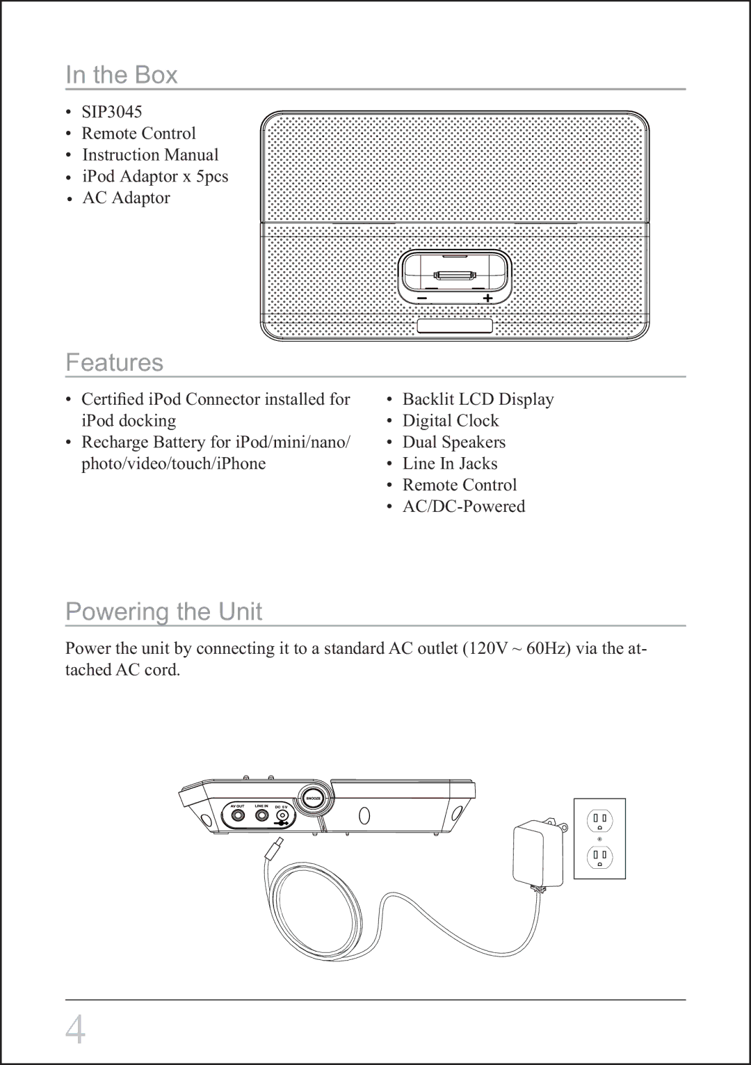 Sylvania SIP3045 owner manual Box, Features, Powering the Unit 