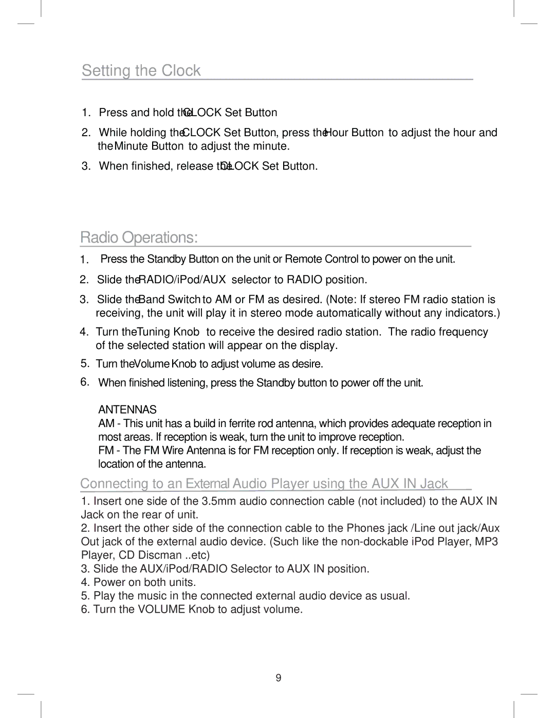 Sylvania SIP3050 instruction manual Setting the Clock, Radio Operations 