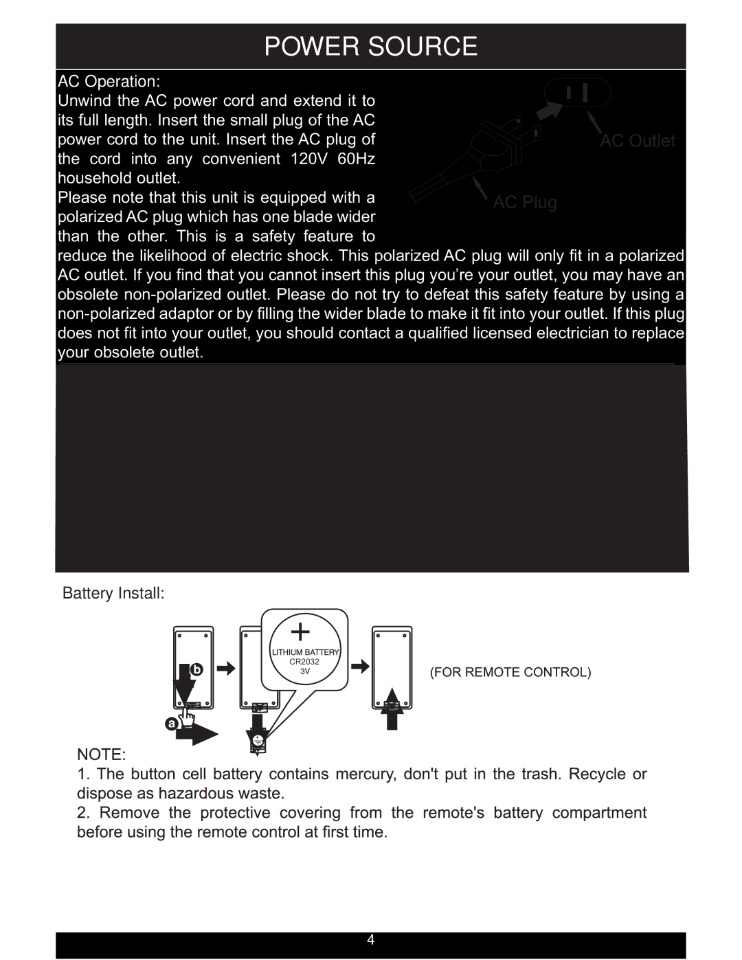 Sylvania SIP3050 instruction manual Power Source 