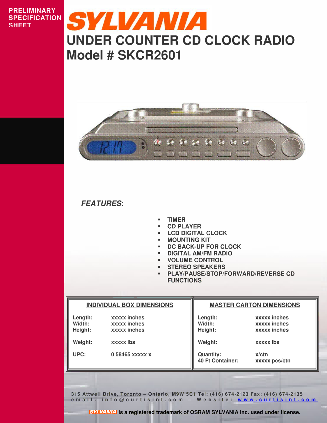 Sylvania specifications Under Counter CD Clock Radio, Model # SKCR2601, Features, Upc 