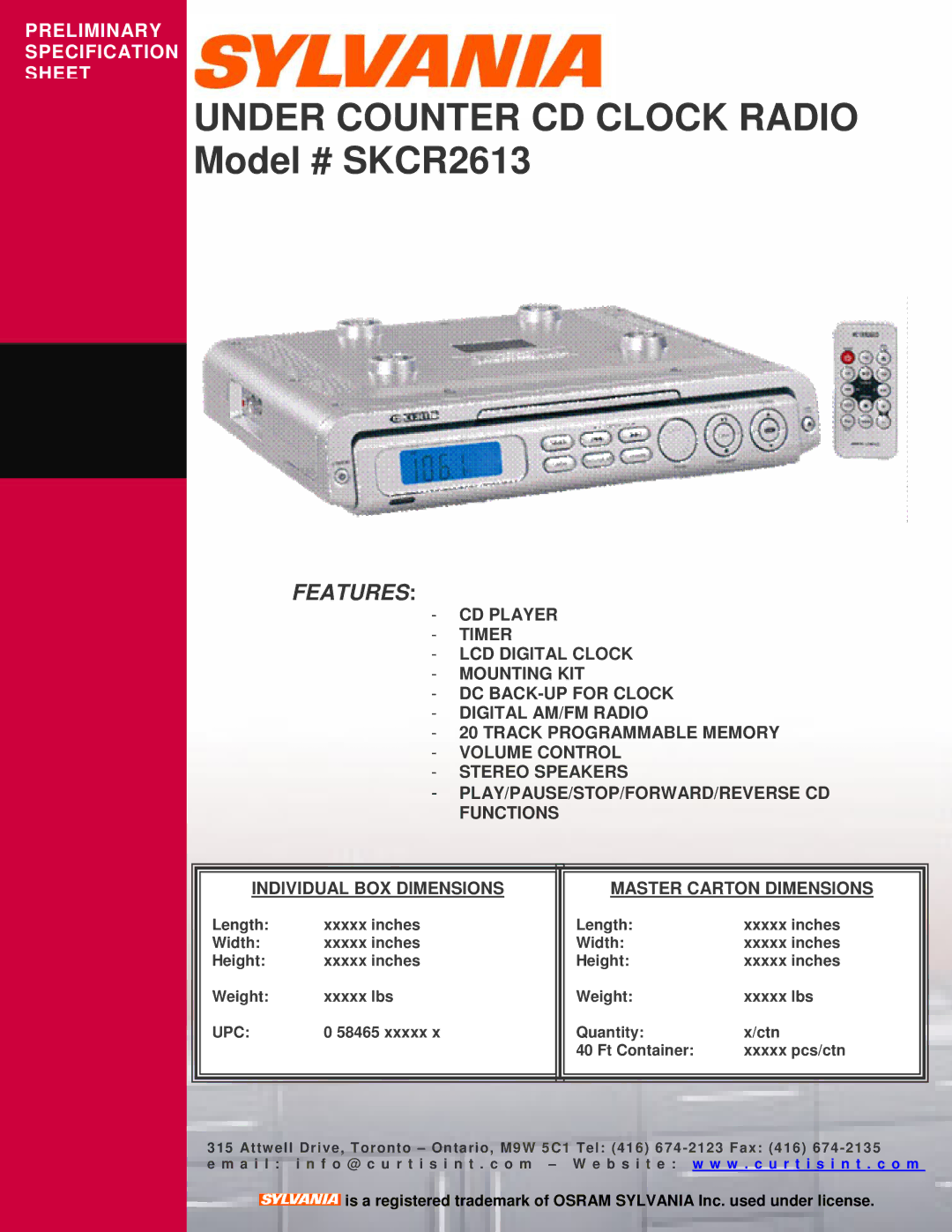 Sylvania specifications Under Counter CD Clock Radio, Model # SKCR2613, Features, Upc 