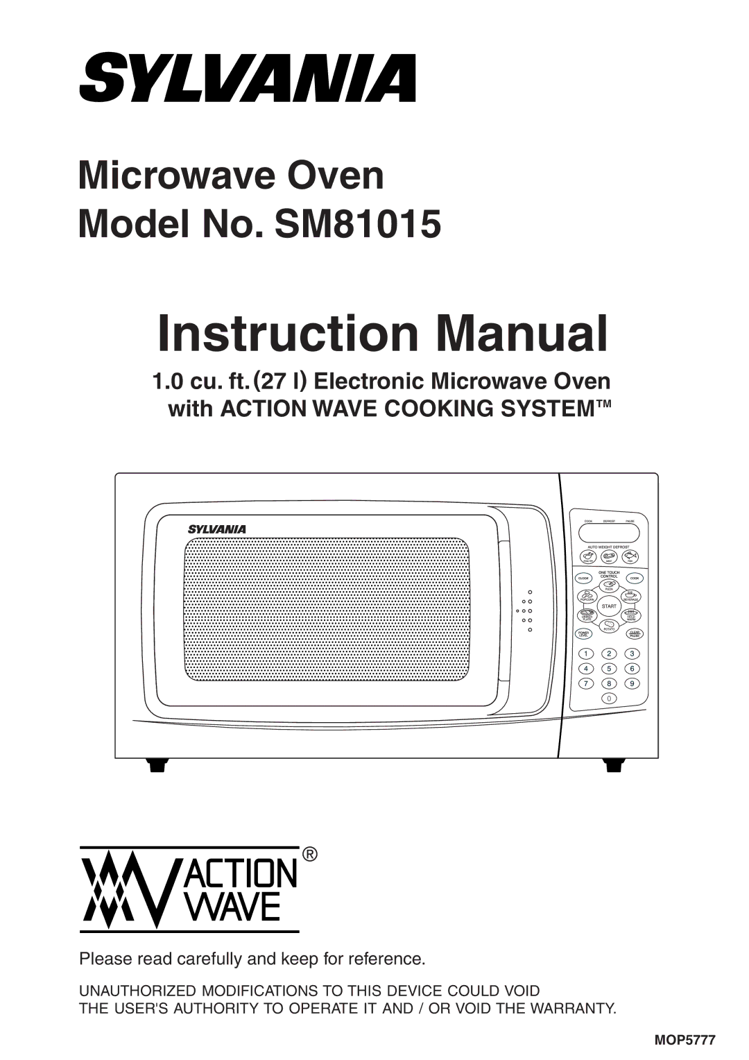 Sylvania instruction manual Microwave Oven Model No. SM81015 