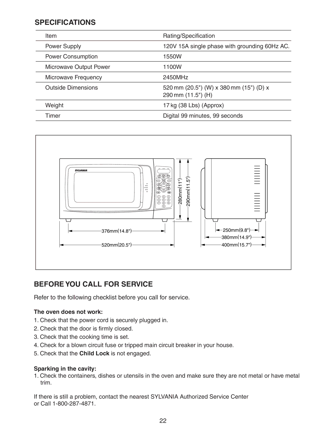 Sylvania SM81015 instruction manual Specifications 