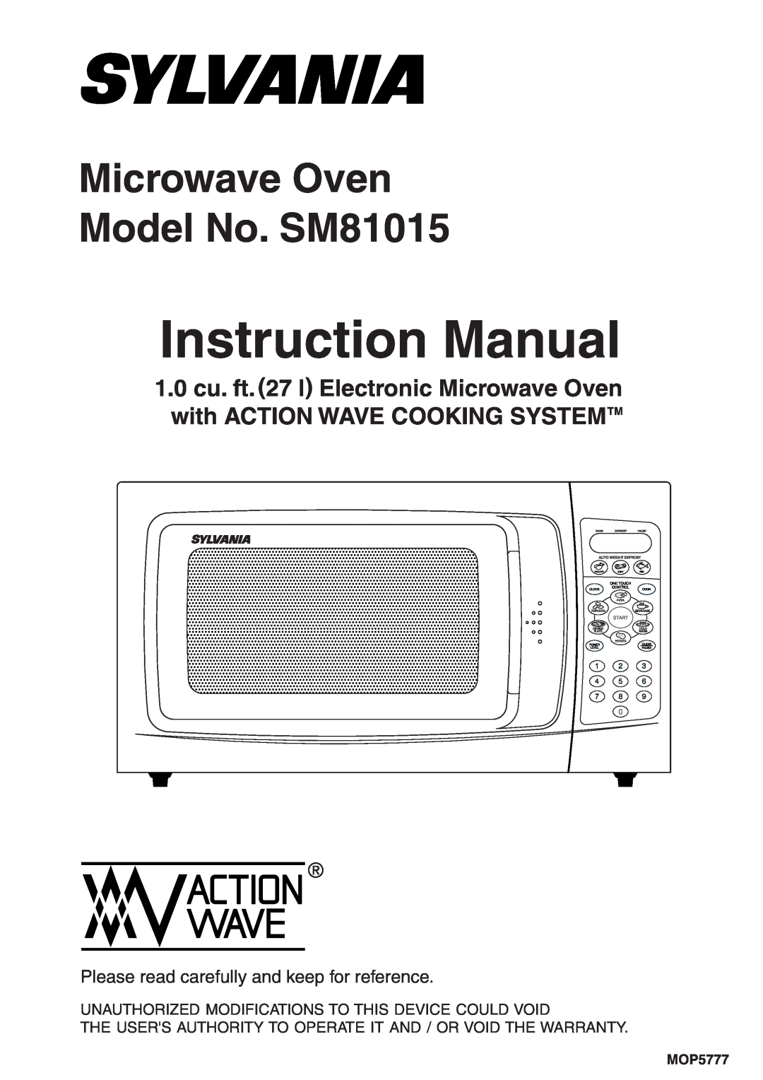 Sylvania instruction manual Microwave Oven Model No. SM81015 