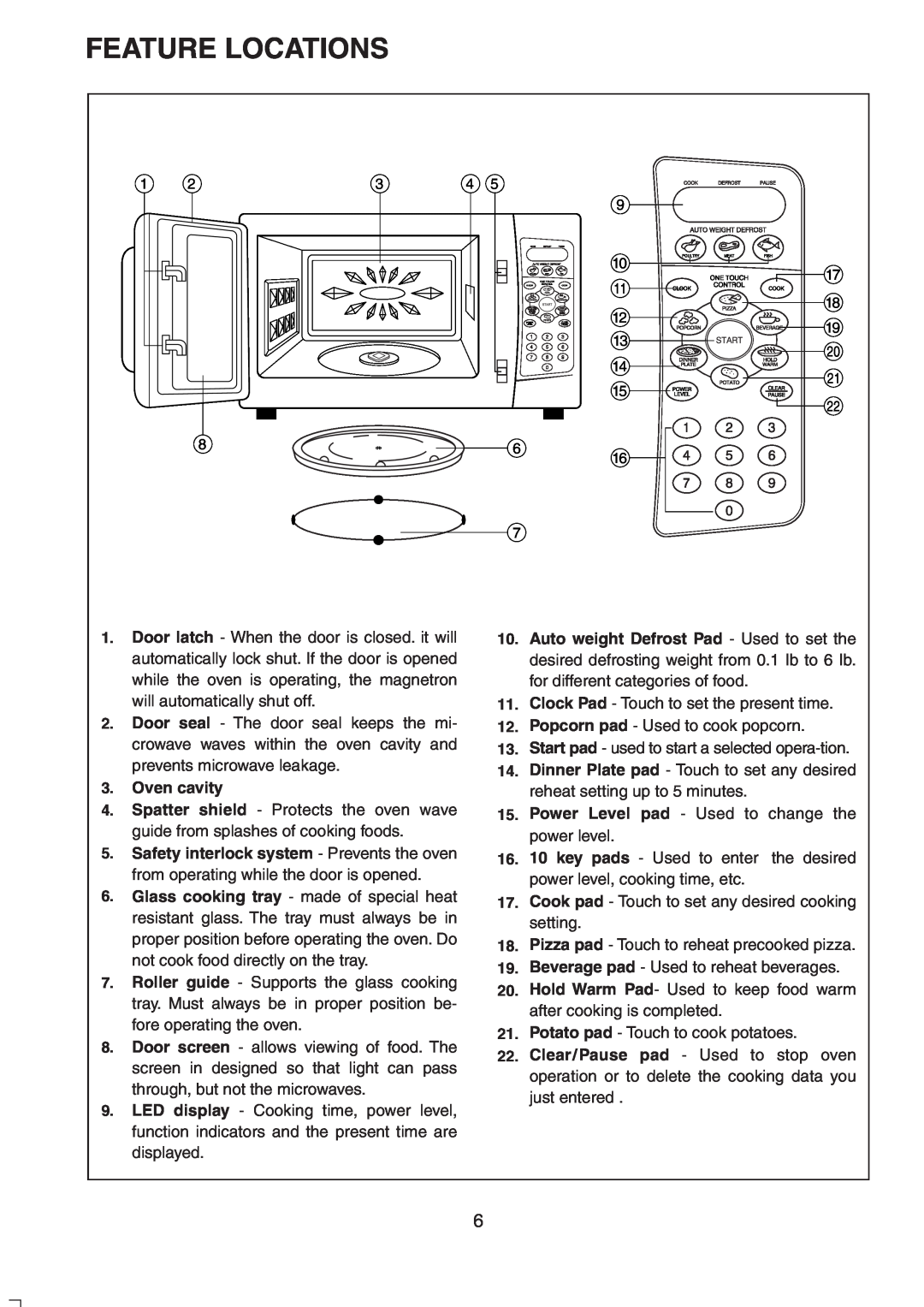 Sylvania SM81015 instruction manual Feature Locations, Oven cavity 