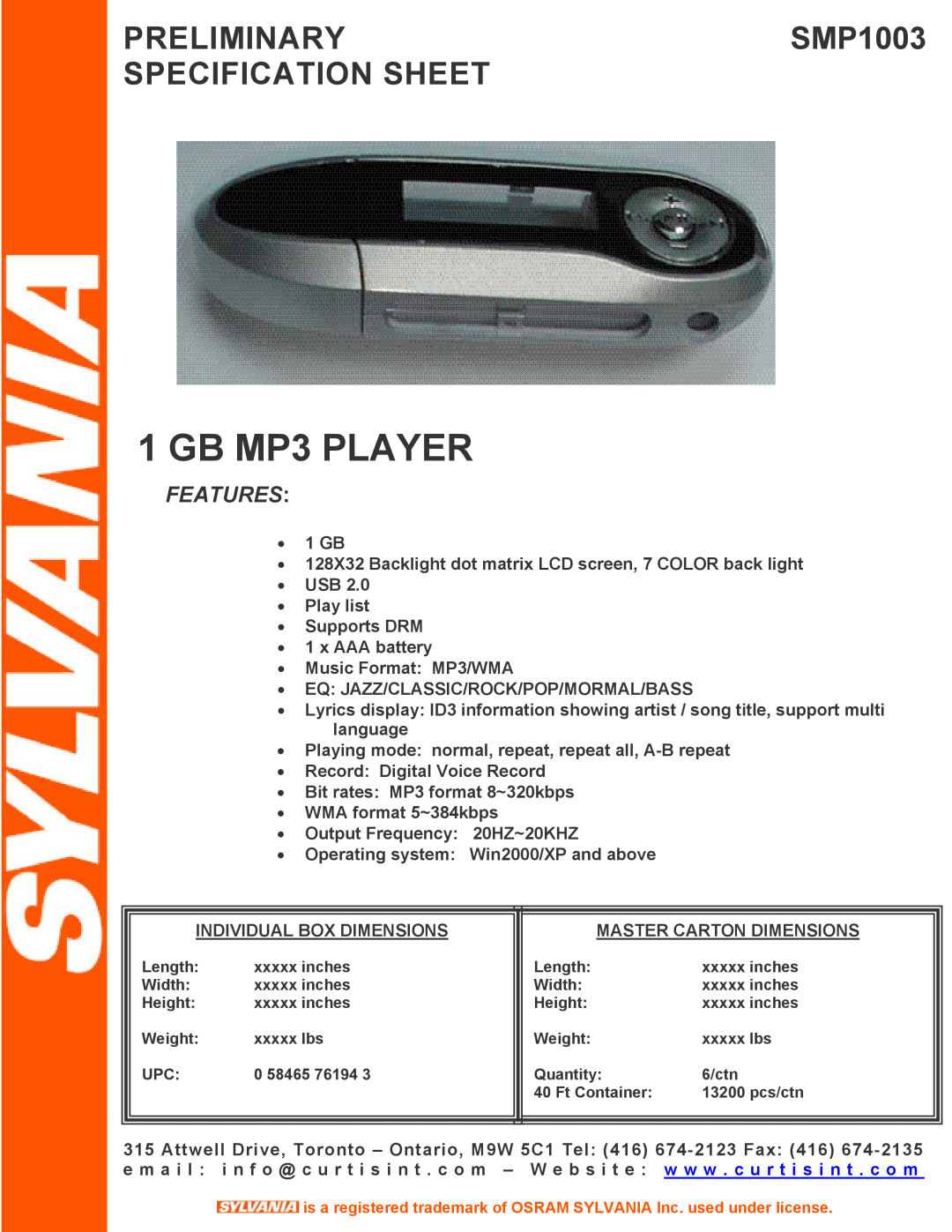 Sylvania specifications GB MP3 PLAYER, PRELIMINARYSMP1003 SPECIFICATION SHEET, Features 