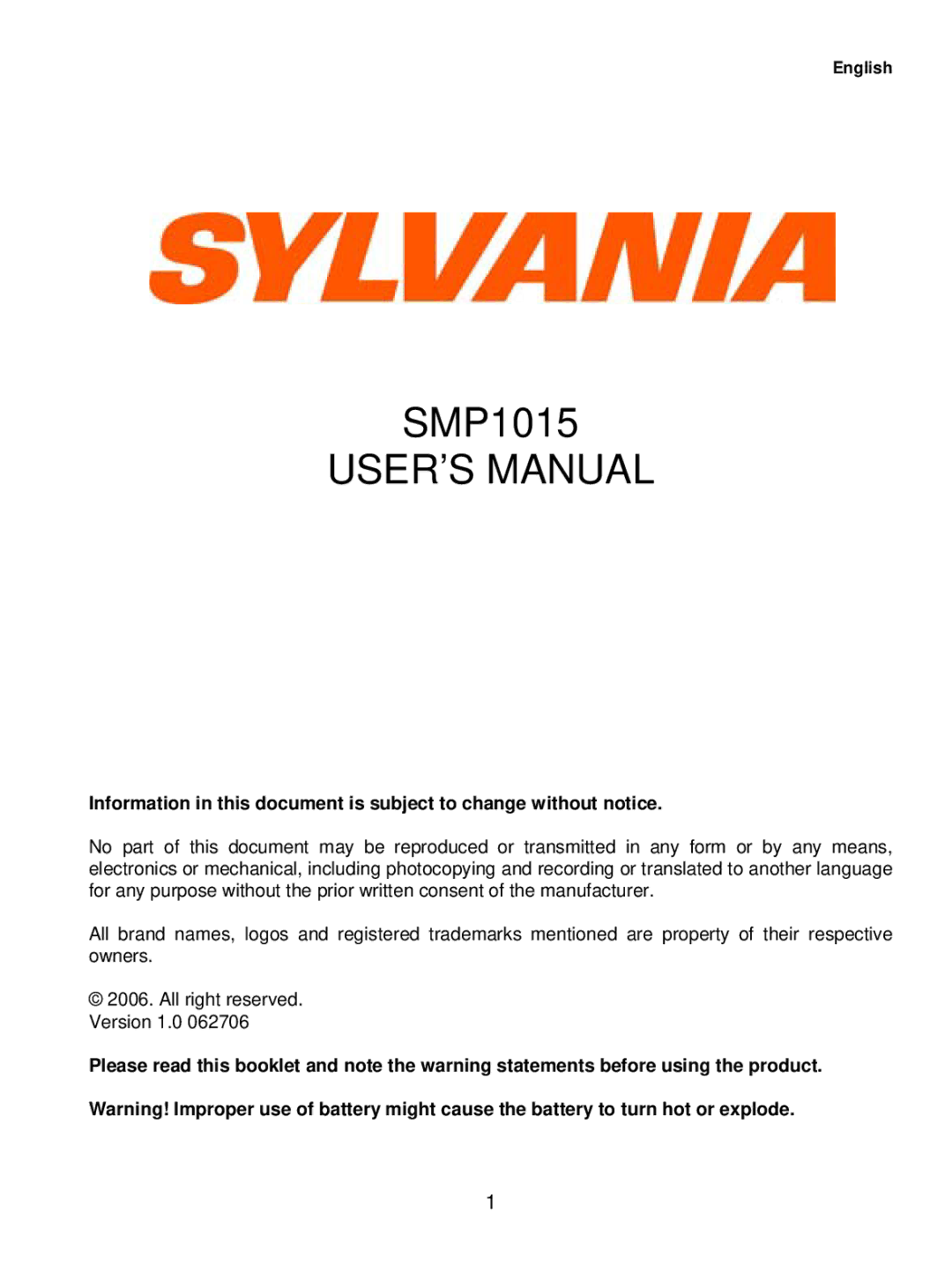 Sylvania SMP1015 user manual USER’S Manual 