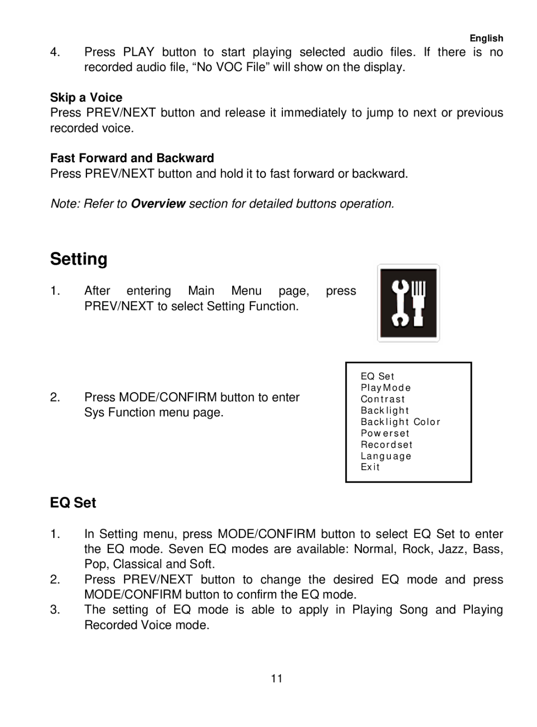 Sylvania SMP1015 user manual Setting, EQ Set, Skip a Voice, Press MODE/CONFIRM button to enter, Sys Function menu 