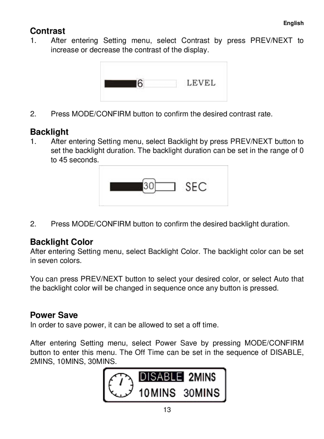 Sylvania SMP1015 user manual Contrast, Backlight Color, Power Save 