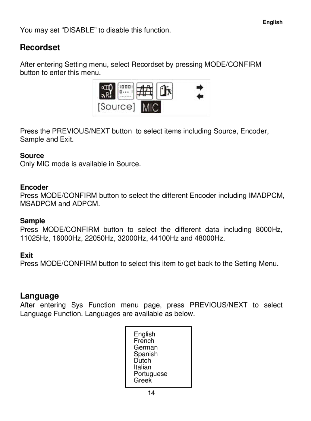 Sylvania SMP1015 user manual Recordset, Language 