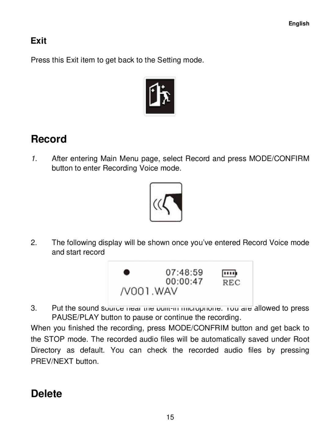 Sylvania SMP1015 user manual Record, Delete, Exit 