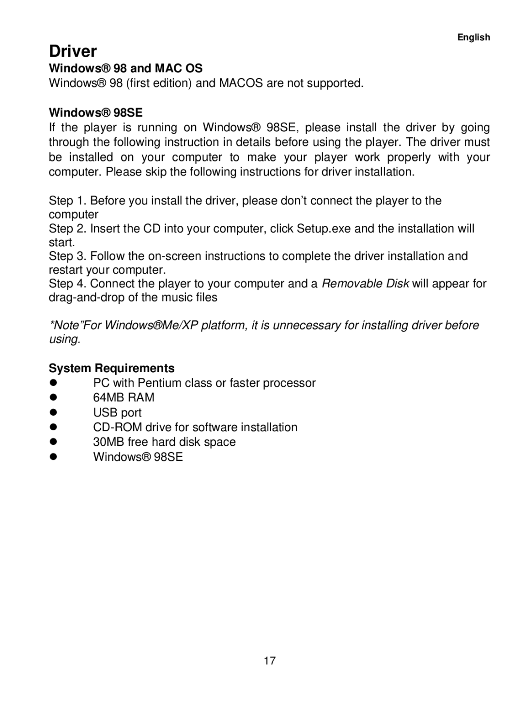 Sylvania SMP1015 user manual Driver, Windows 98 and MAC OS, Windows 98SE, System Requirements 