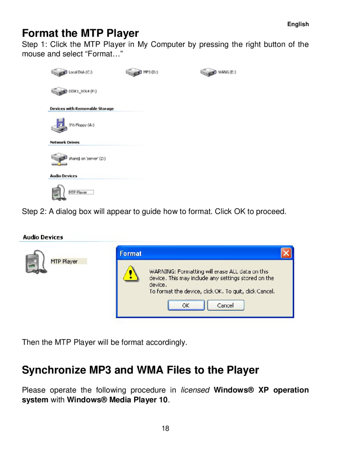 Sylvania SMP1015 user manual Format the MTP Player, Synchronize MP3 and WMA Files to the Player 