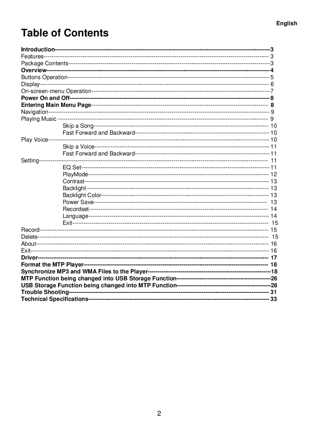 Sylvania SMP1015 user manual Table of Contents 