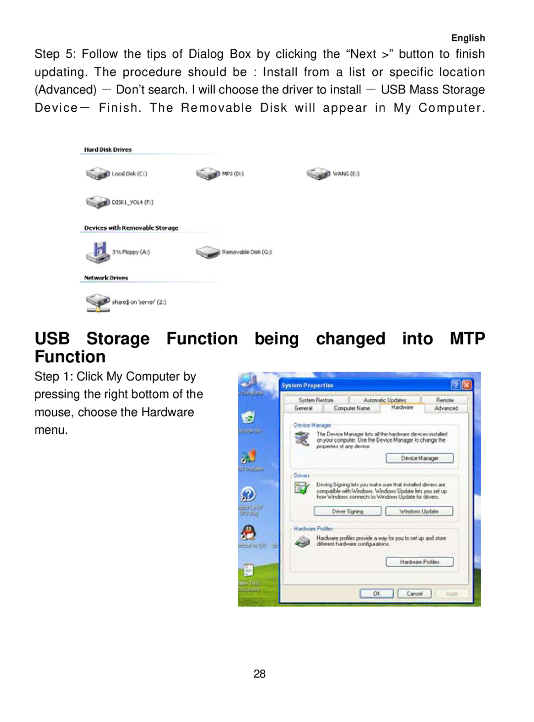 Sylvania SMP1015 user manual USB Storage Function being changed into MTP Function 