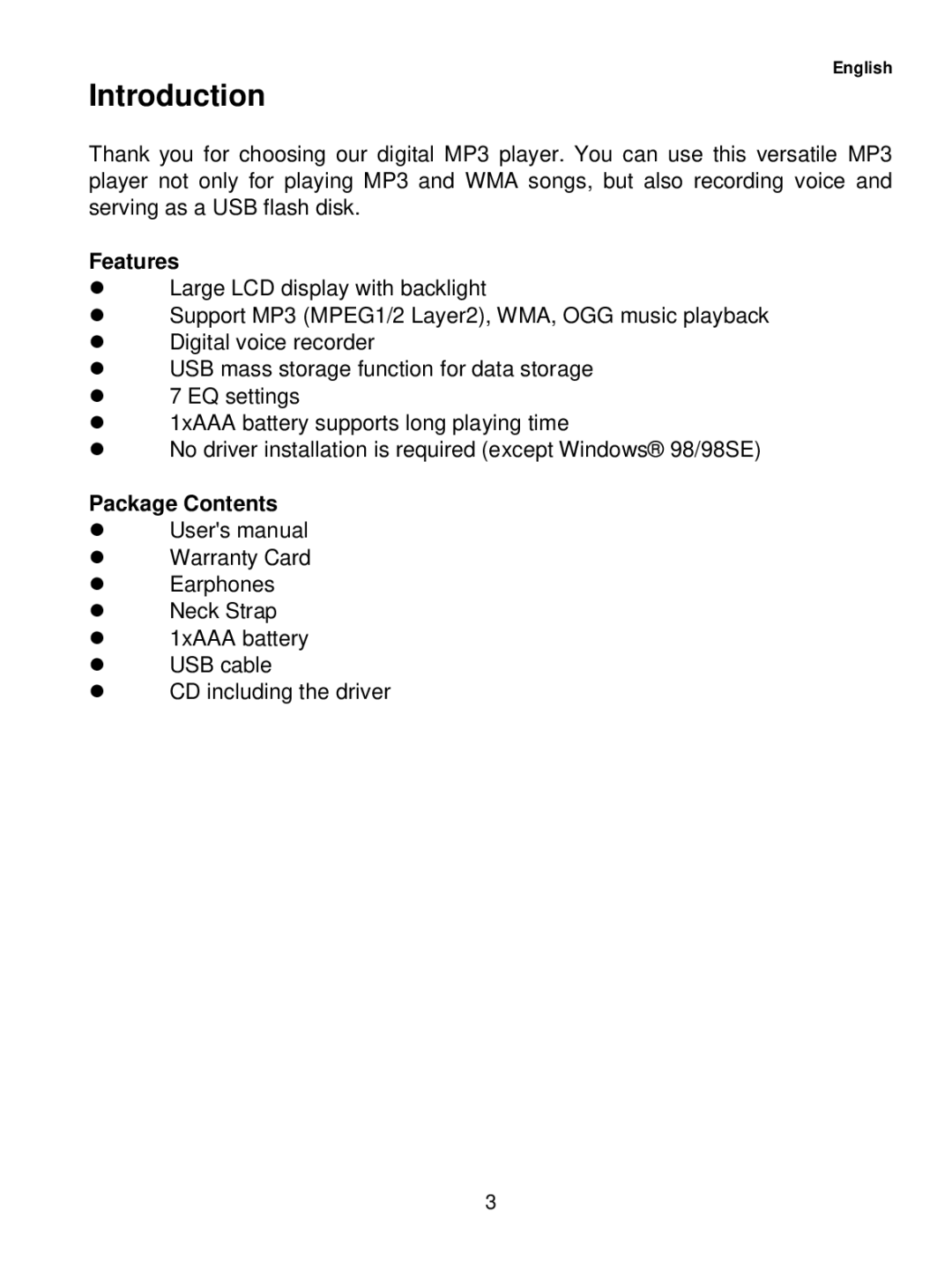 Sylvania SMP1015 user manual Introduction, Features, Package Contents 