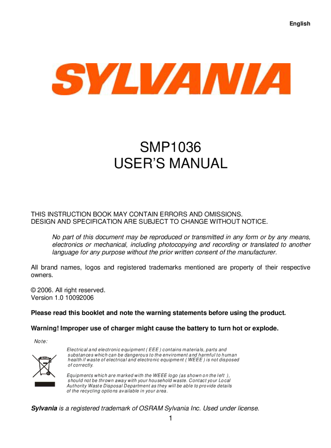 Sylvania SMP1036 user manual USER’S Manual 