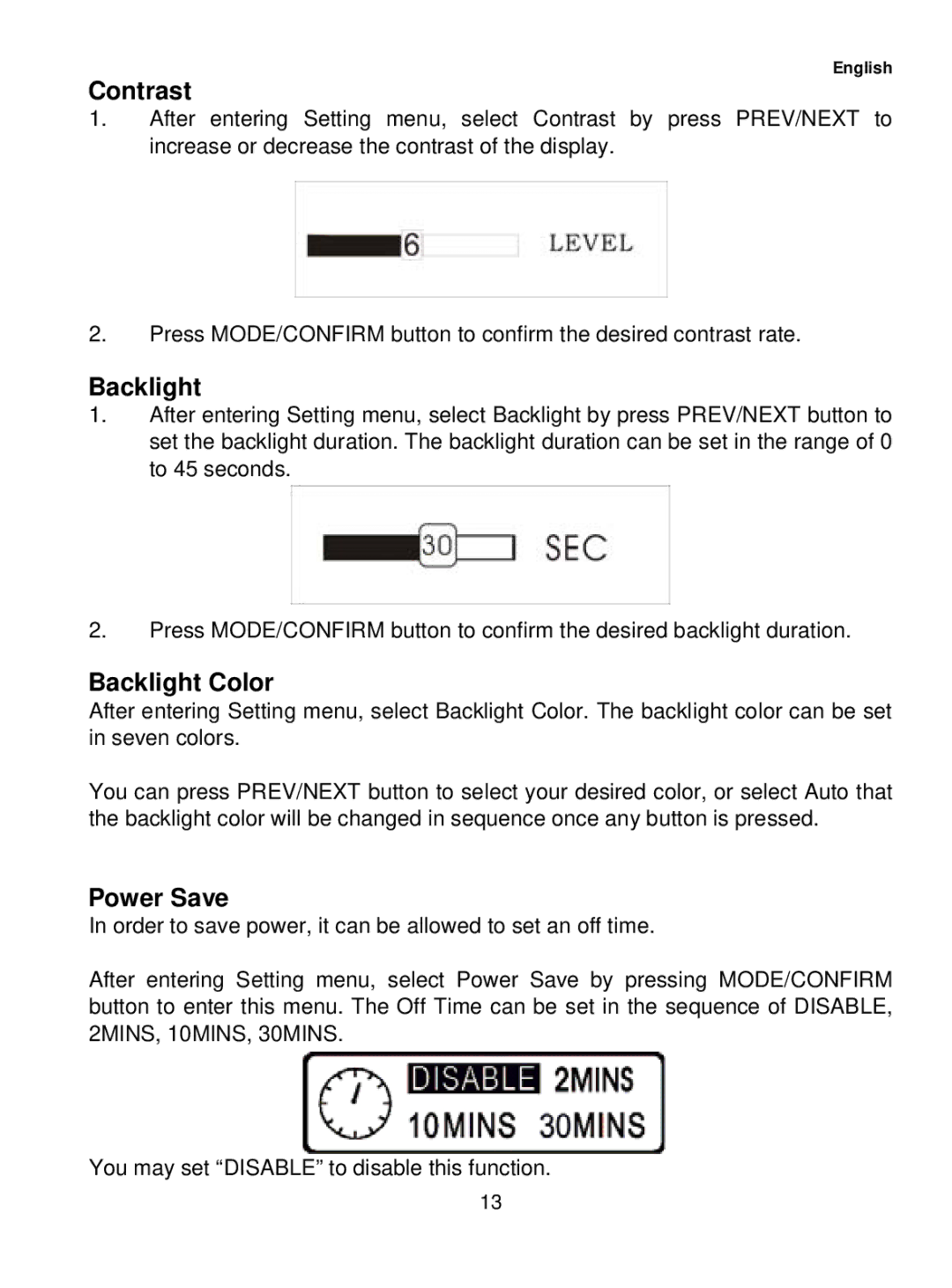 Sylvania SMP1036 user manual Contrast, Backlight Color, Power Save 