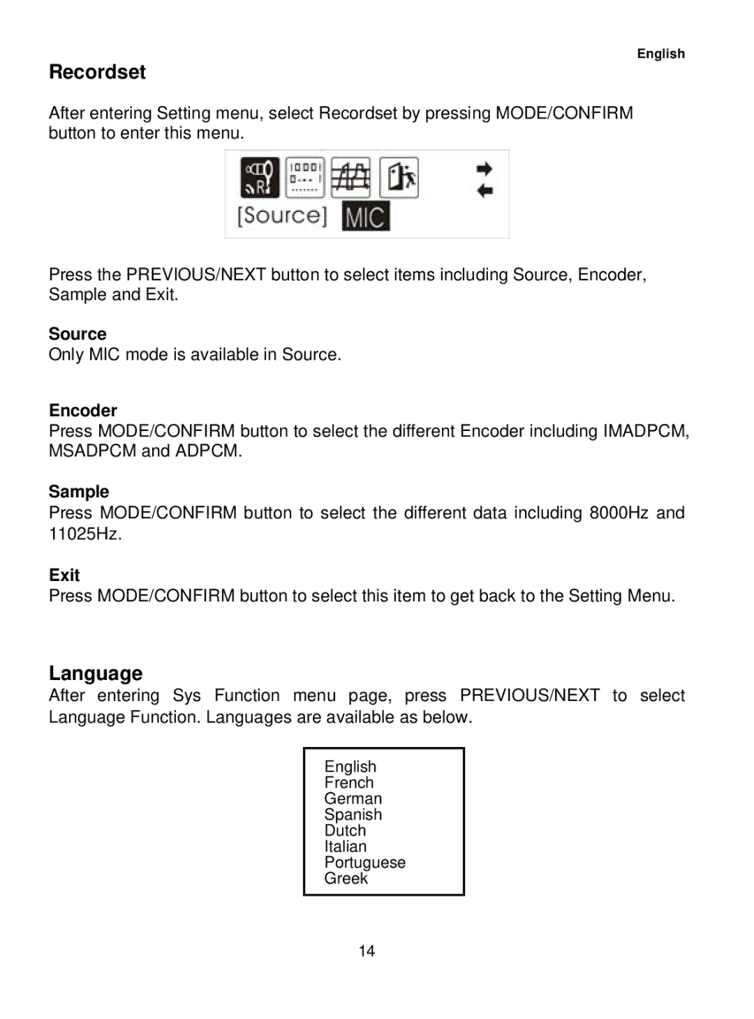 Sylvania SMP1036 user manual Recordset, Language 