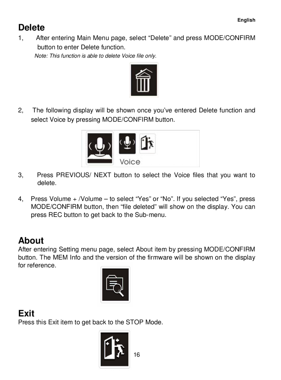 Sylvania SMP1036 user manual Delete, About, Exit 