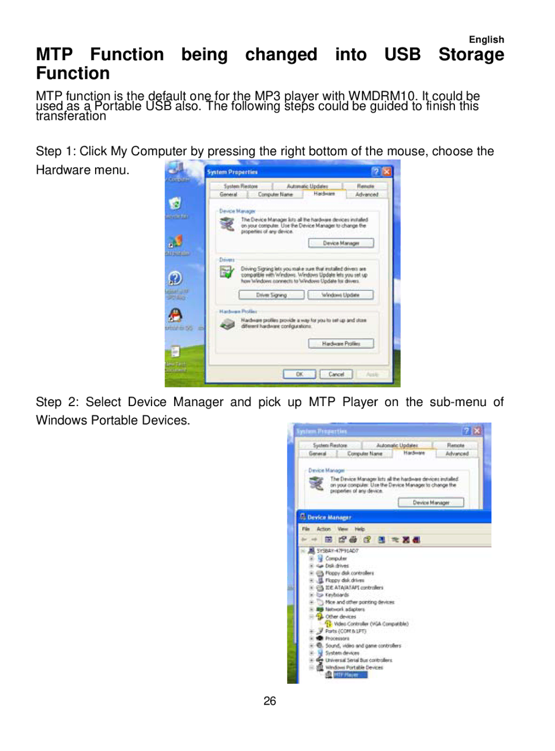 Sylvania SMP1036 user manual MTP Function being changed into USB Storage Function 