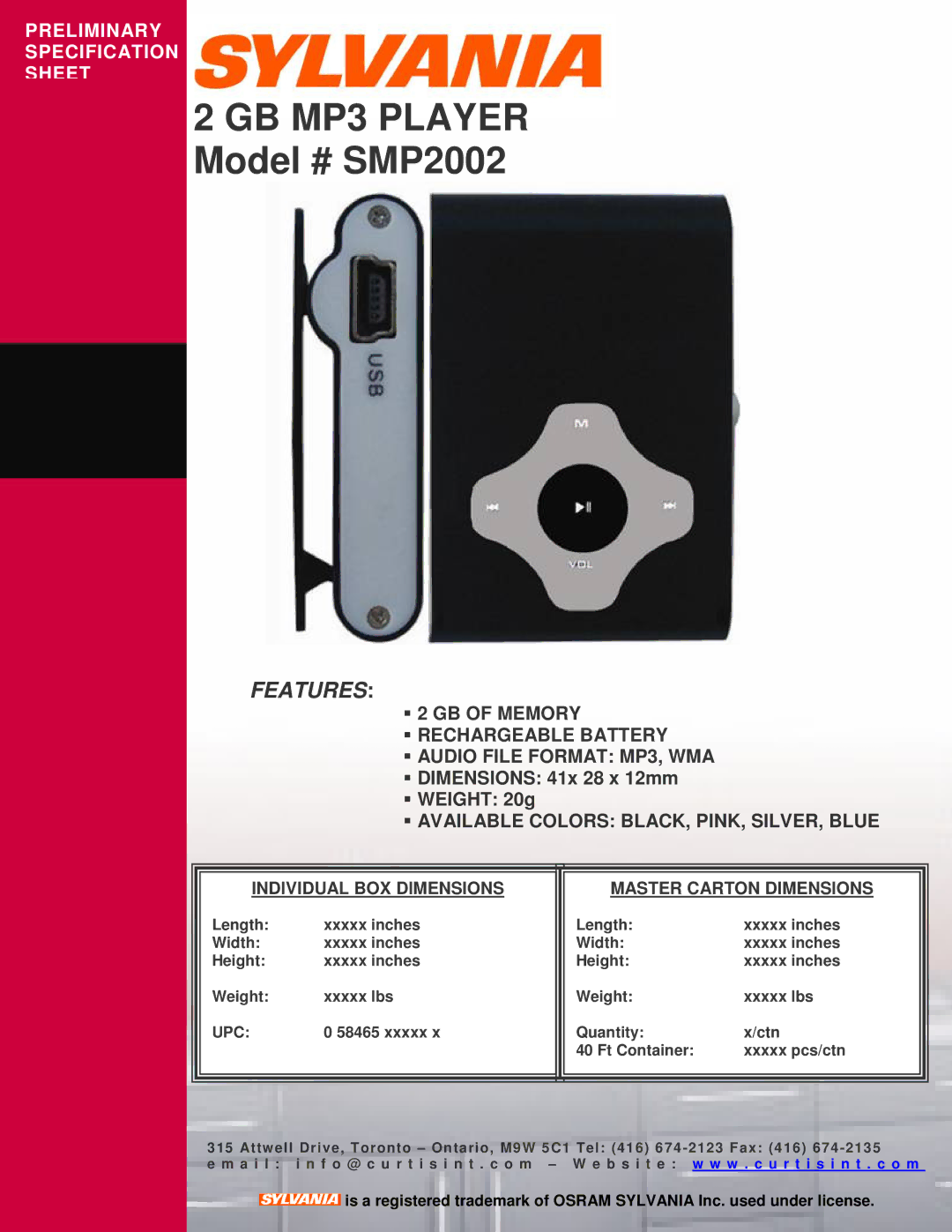 Sylvania dimensions GB MP3 Player Model # SMP2002, Features, Available Colors BLACK, PINK, SILVER, Blue, Upc 