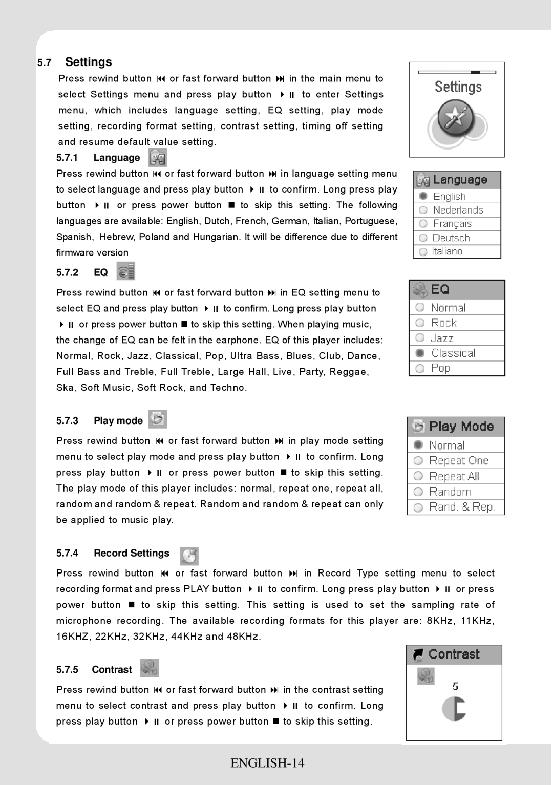 Sylvania SMPK1066 user manual ENGLISH-14, Settings 